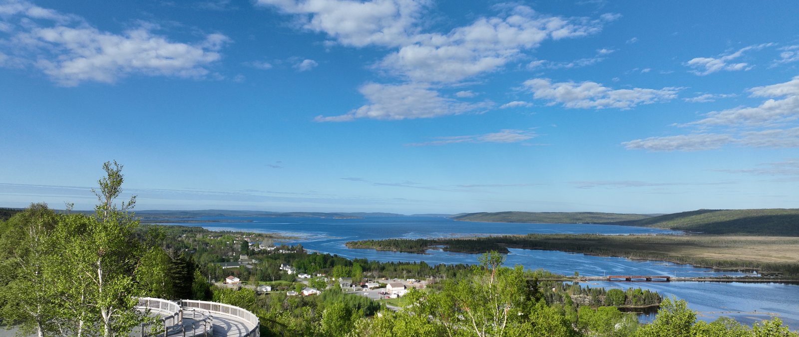 Glovertown from the lookout — the town, Alexander Bay, and Bonavista Bay stretching to the horizon